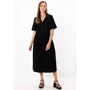 Asos Black Twill Collared Button Short Sleeve Midi A-Line Shirt Dress Size 6